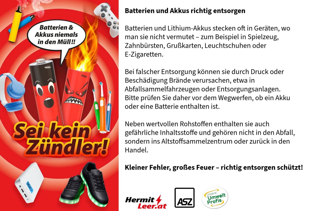 Eine Werbung warnt vor den Gefahren der unsachgemäßen Entsorgung von Batterien und Lithium-Akkus, die sich in unerwarteten Orten wie Spielzeug, Fernbedienungen, Taschenlampen oder E-Zigaretten befinden können. Falsche Entsorgung kann Brände verursachen und Schäden anrichten. Prüfen Sie vor dem Wegwerfen oder Recycling.