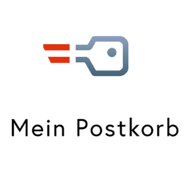 A logo for 'Mein Postkorb' with a key-like icon and two red lines on a white background.