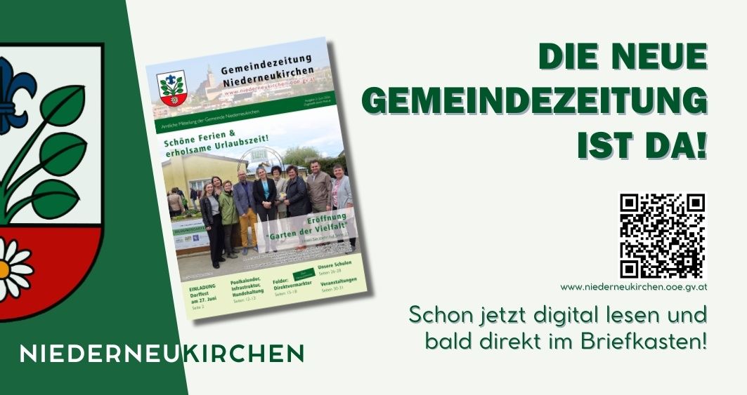 Community newspaper announcement, featuring a photo of people in front of a building. It highlights the opening of various gardens. Digital access is available now.