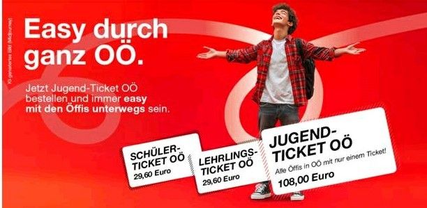 A man with a backpack stands with open arms on a red background. Advertisements for youth, school, and teaching tickets are displayed. The prices are 29.60, 29.60, and 108.00 euros.