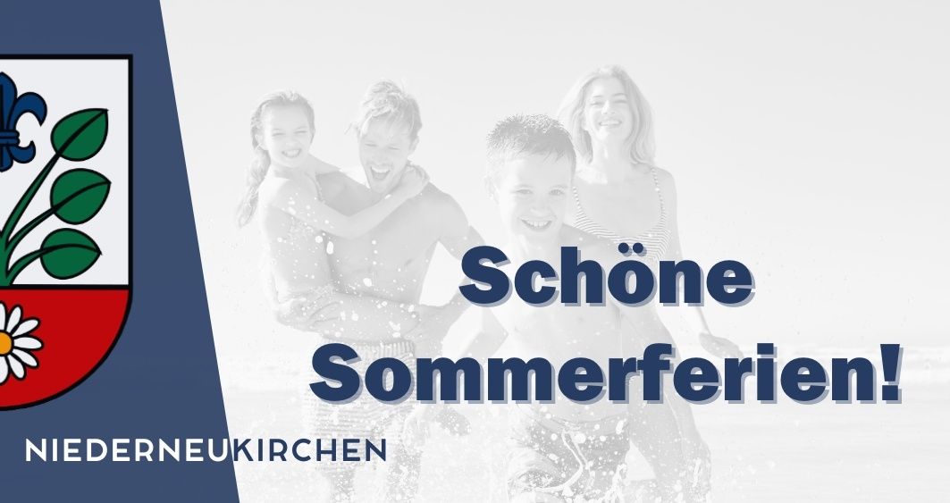 Eine Familie mit vier Kindern, zwei Mädchen und zwei Jungen, spielen fröhlich im Wasser. Das Bild ist in Schwarz-Weiß gehalten, mit den blauen Worten 'Schone Sommerferien'. Der Hintergrund ist unscharf.