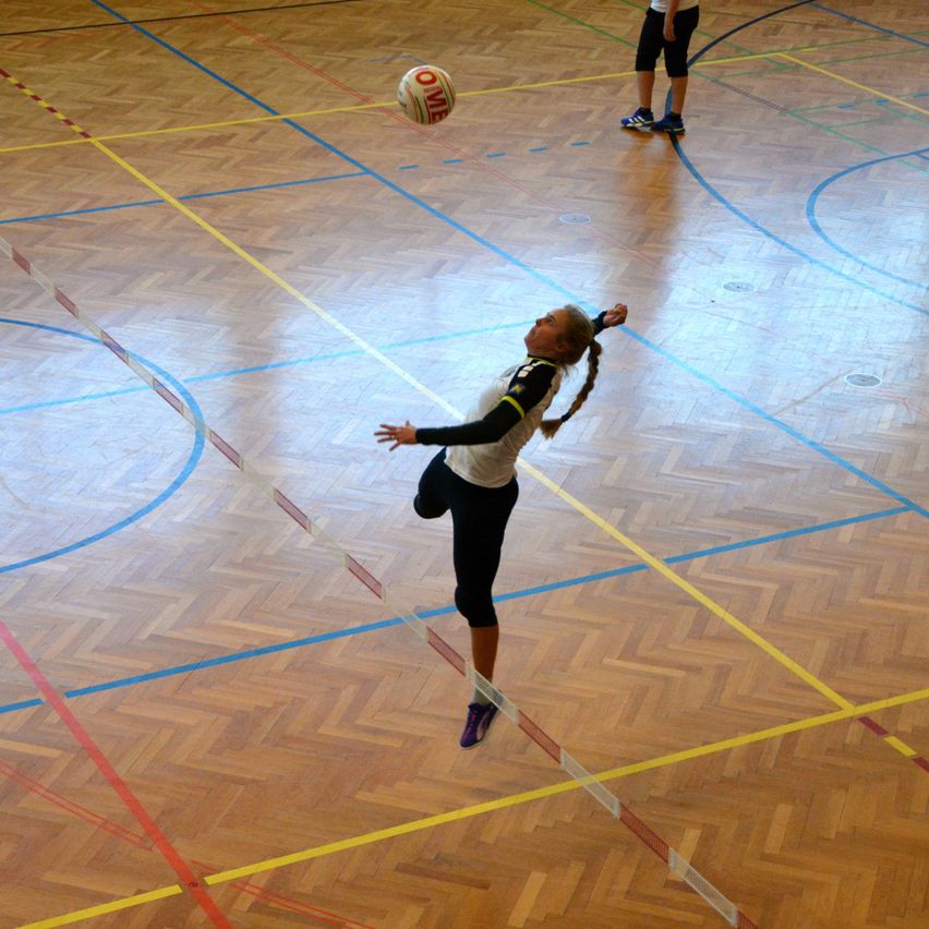 Bild enthält, Sphere, Floor, Flooring, Wood, Hardwood, Volleyball (Ball), Person, People, Shoe, Handball