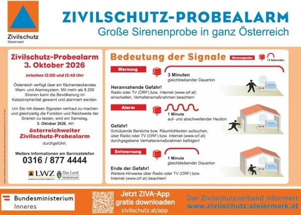 Ein Informationsposter über einen Zivilschutz-Probealarm in Österreich. Der Plakat ist in zwei Abschnitte unterteilt, einer erklärt den Probealarm und der andere erklärt die Bedeutung der Signale.