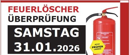 Plakat für die Feuerlöscherüberprüfung am Samstag, 31. Januar 2026, von 9:00 bis 12:00 Uhr im Rusthaus Feiting. Details zum Bringen von Feuerlöschern und zum Kauf neuer Exemplare. Kontaktinformationen für OBH Herbert Jagersbacher. Veranstaltungsdetails für die Feuerwehr Feiting 2026.