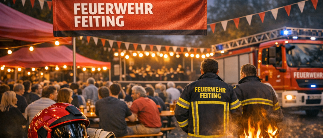 Ein Feuerwehrfest mit einem roten Banner. Feuerwehrleute grillen Würste über einem Feuer, während Menschen an Tischen sitzen. Ein Helm und andere Feuerwehrausrüstung sind auf einem Tisch.