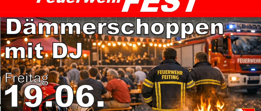 Plakat für das Feitinger Feuerwehrfest mit Feuerwehrleuten, die Würste grillen, einem DJ und einer Menge unter Lichtern. Datum: 6. Juni, Zeit: 20:00 Uhr.