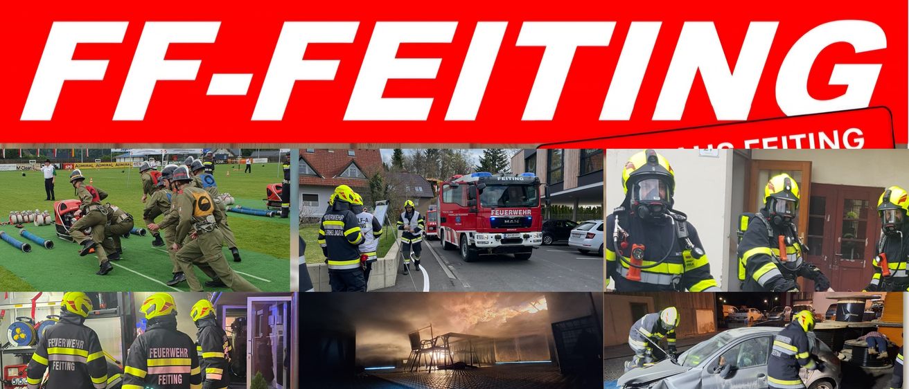 Eine Collage von Bildern zeigt Feuerwehrleute, einen Feuerwehrwagen, ein brennendes Gebäude und Brandmänner. Das Wort 'Feiting' ist prominent in Weiß auf rotem Hintergrund angezeigt.