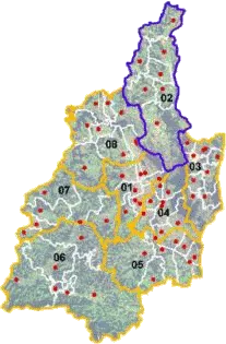 Eine Karte mit mehreren nummerierten Regionen und roten Punkten, die über die Karte verstreut sind. Die Regionen sind von 01 bis 08 nummeriert. Eine lila Linie verbindet zwei der Regionen.