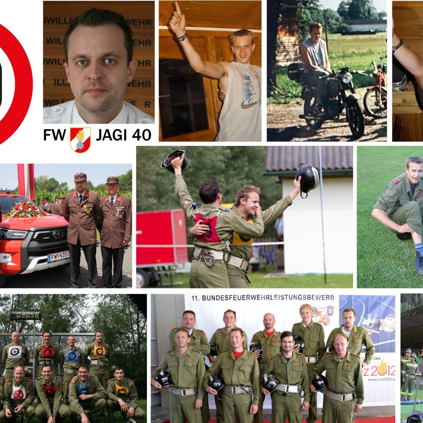 Eine Collage von Bildern mit verschiedenen Männern in Militäruniformen und Freizeitkleidung, einige posieren für die Kamera, andere beschäftigen sich mit Aktivitäten wie Motorradfahren, und eine Gruppe in einem formellen Setting mit einem Banner.