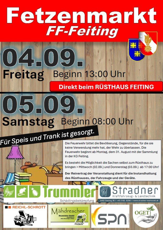 Plakat für FF Feiting-Veranstaltung am 4. und 5. September. Die Veranstaltung beginnt am Freitag um 13:00 Uhr und am Samstag um 08:00 Uhr. Der Ort ist direkt beim Rusthaus Feiting.