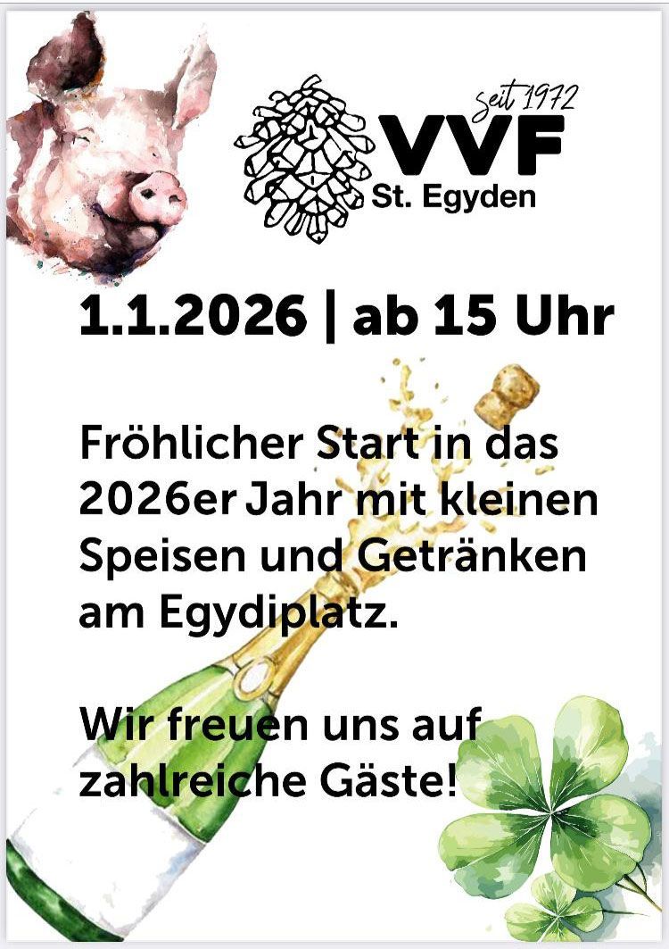 Plakat zum Start ins Jahr 2026 mit Essen und Getränken am Egydplatz. Datum 1.1.2026 ab 15 Uhr. Illustration von Schwein und Kleeblatt.