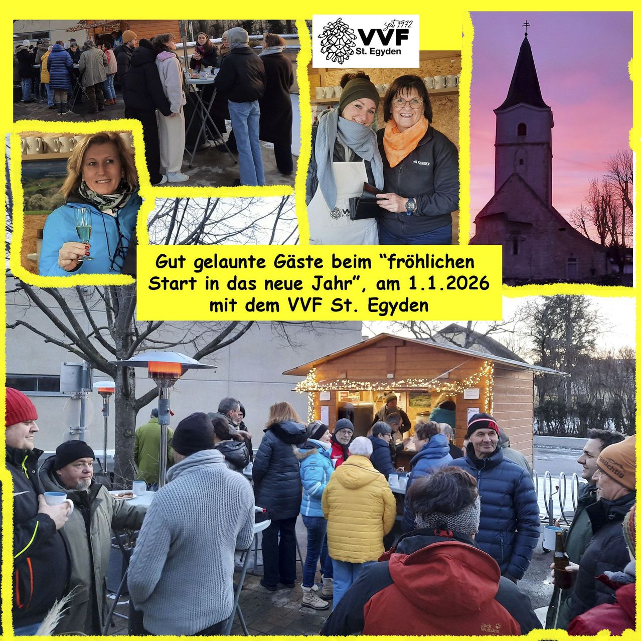 Collage von Menschen auf einem Outdoor-Markt, mit einer Kirche im Hintergrund. Die Veranstaltung findet am 1.1.2026 statt, mit einer festlichen Begrüßung vom VVF St. Egiden.