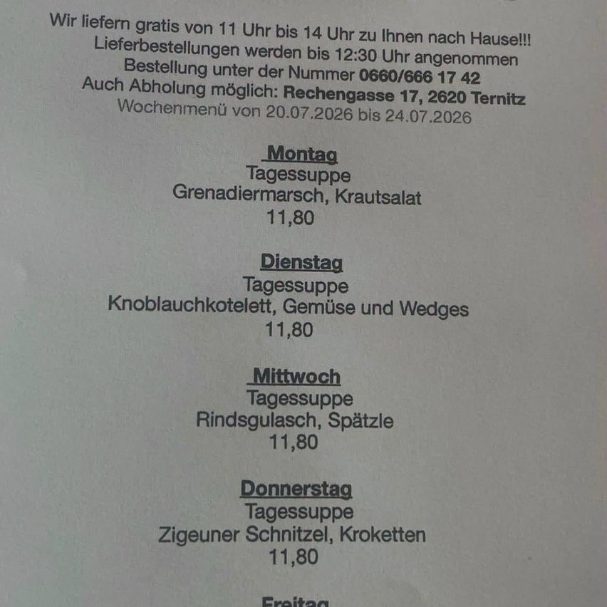 A weekly menu for a restaurant or cafe, offering daily specials from Monday to Friday, including prices and delivery information.