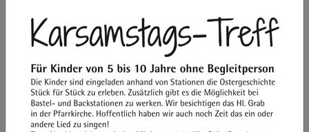 Plakat für eine Osterveranstaltung für Kinder von 5 bis 10 Jahren ohne Begleitperson. Aktivitäten umfassen Stationen zum Geschichtenerzählen und Basteln. Die Veranstaltung endet mit einem Lied um 12:00 Uhr. Datum: 4. April 2026, von 9:00 bis 12:00 Uhr im Pfarrzentrum Grödig.