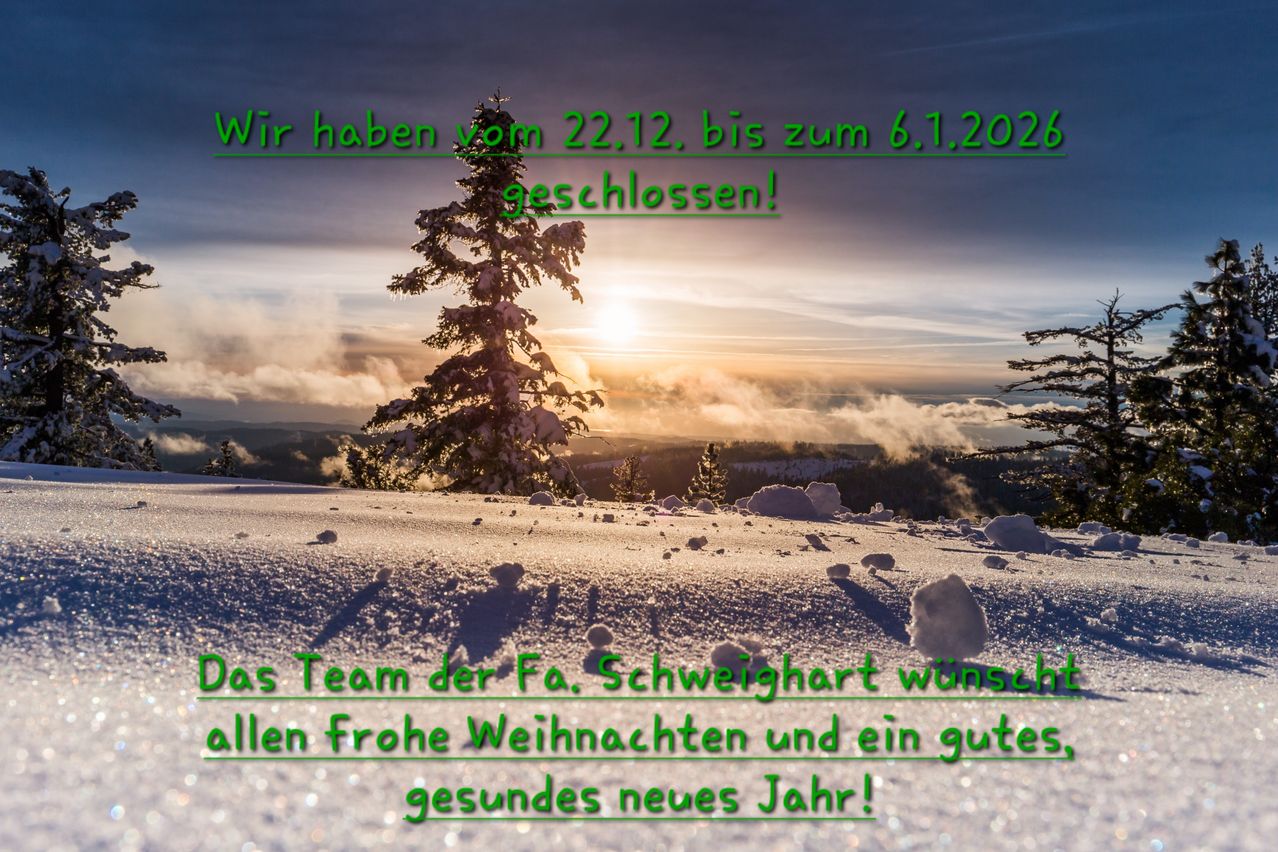 Verschneite Landschaft mit einer Tanne und einem Sonnenuntergang. Die Botschaft lautet: 'Wir haben vom 22.12. bis zum 6.1.2026 geschlossen!' Unten wünscht ein Team allen frohe Weihnachten und ein gesundes neues Jahr.