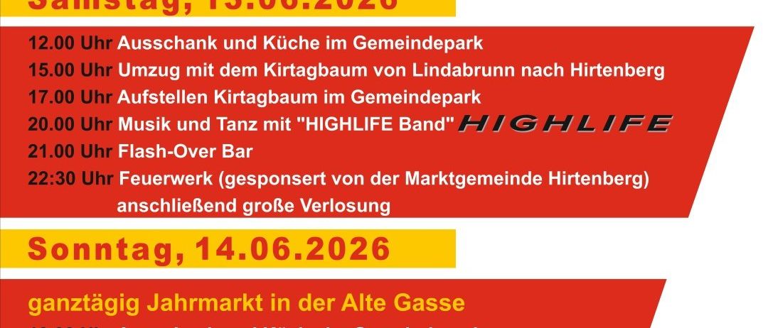 Plakat für den 13. und 14. Juni 2026 im Gemeindepark Hirtenberg. Samstag, 13.06.2026: Verschiedene Veranstaltungen einschließlich Musik und Tanz. Sonntag, 14.06.2026: Jahrmarkt in der Alten Gasse.