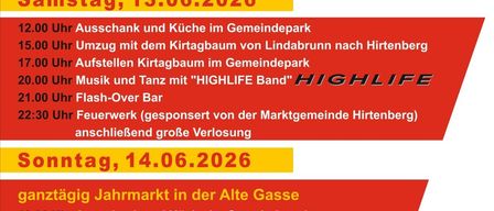 Plakat für den 13. und 14. Juni 2026 im Gemeindepark Hirtenberg. Samstag, 13.06.2026: Verschiedene Veranstaltungen einschließlich Musik und Tanz. Sonntag, 14.06.2026: Jahrmarkt in der Alten Gasse.