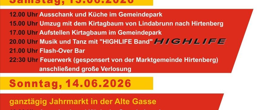 Poster for the 13th and 14th June 2026 in Gemeindepark Hirtenberg. Saturday, June 13, 2026: Various events including music and dance. Sunday, June 14, 2026: Year market in Alte Gasse.