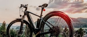 Ein Elektrofahrrad steht auf einem Grasfeld mit Blick auf eine Bergkette und Bäume.