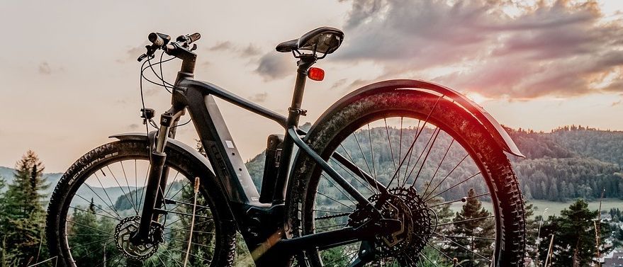 Ein Elektrofahrrad steht auf einem Grasfeld mit Blick auf eine Bergkette und Bäume.