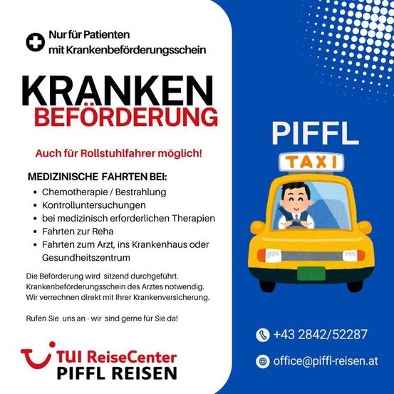 Eine Werbung für Patiententransportdienste. Es enthält eine Taxi-Illustration, Text über medizinische Transportdienste und Kontaktinformationen. Die Dienste decken Chemotherapie, Kontrolluntersuchungen und Krankenhausfahrten ab. Ein Arztzeugnis ist erforderlich.