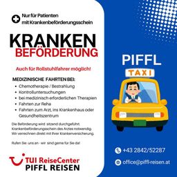 Eine Werbung für Patiententransportdienste. Es enthält eine Taxi-Illustration, Text über medizinische Transportdienste und Kontaktinformationen. Die Dienste decken Chemotherapie, Kontrolluntersuchungen und Krankenhausfahrten ab. Ein Arztzeugnis ist erforderlich.