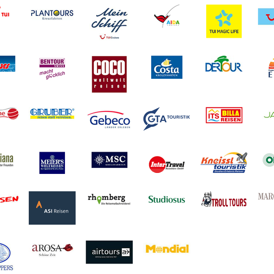 Sammlung von Reisebüro-Logos einschließlich TUI, Plantours, Mein Schiff, TUI Magic Life, Bentour, Coco, Costa, Dertour, Gruber Reisen, Gebeco, GTA, ITS Billa Reisen, Meier's Weltreisen, MSC, Kneissl, InterTravel, Troll Tours, ASi Reisen, Arrosa, Airtours, Mondial.