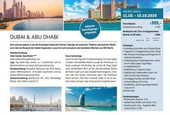 Die Broschüre stellt Dubai und Abu Dhabi mit Schwerpunkt auf Hotelunterkünften, Aktivitäten und Reisetipps vor. Das Bild zeigt die schönen Landschaften, moderne Architektur und kulturelle Attraktionen beider Städte. Preise und Buchungsinformationen sind ebenfalls angegeben.