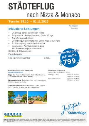 Eine Anzeige für eine Städtereise nach Nizza und Monaco vom 29.10. bis 11.11.2025. Leistungen umfassen Transport von Wien nach Nizza, Übernachtungen in Nizza und Monaco, Transfers, Frühstück und geführte Touren. Preise beginnen bei 799 Euro.
