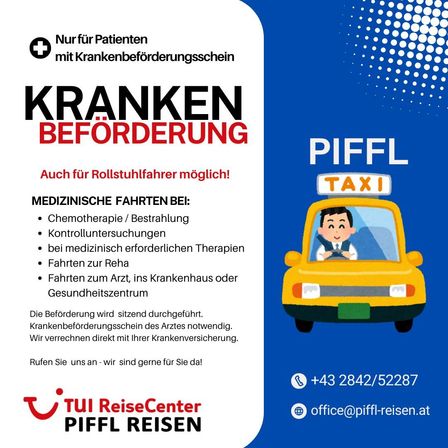 Plakat für Patiententransport-Dienste, einschließlich Barrierefreiheit für Rollstuhlfahrer, für Arzttermine und Behandlungen, mit Taxi-Illustration und Kontaktdaten.