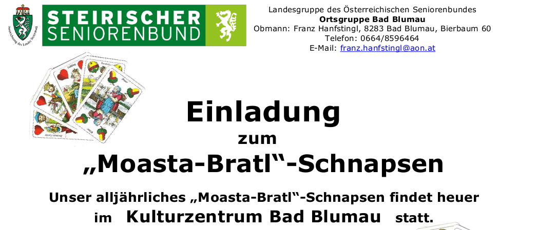 Einladung zum jährlichen 'Moasta-Bratl'-Schnapsfest im Kulturzentrum Bad Blumau. Termine: Samstag, 23.08.2025, 14-20 Uhr; Sonntag, 24.08.2025, 10-17 Uhr. Preise: Moasta-Bratl, Hauswurst, Käsebälle und mehr.