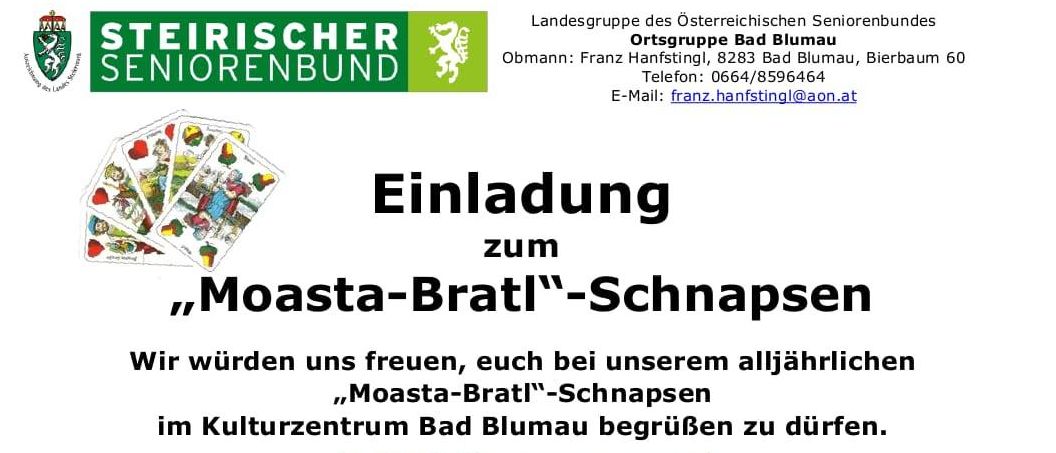 Einladung zum jährlichen Moasta-Bratl Schnapps im Kulturzentrum Bad Blumau. Termine: Samstag, 19.09.2026, 14-20 Uhr und Sonntag, 20.09.2026, 10-17 Uhr. Preise umfassen Bratwurst, Würste und verschiedene Getränke.