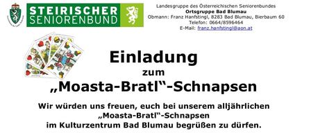 Einladung zum jährlichen Moasta-Bratl Schnapps im Kulturzentrum Bad Blumau. Termine: Samstag, 19.09.2026, 14-20 Uhr und Sonntag, 20.09.2026, 10-17 Uhr. Preise umfassen Bratwurst, Würste und verschiedene Getränke.