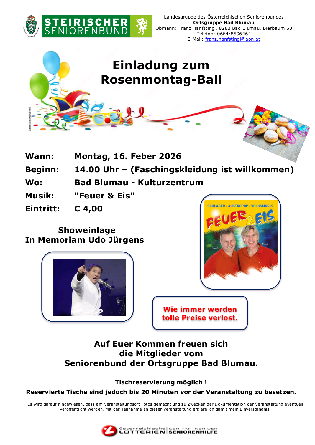 Einladung zum Rosenmontag-Ball am 16. Februar 2026 ab 14 Uhr im Kulturzentrum Bad Blumau. Der Eintritt kostet 4 Euro. Musik von Feuer & Eis. Eine Show mit einer Hommage an Udo Jurgens.