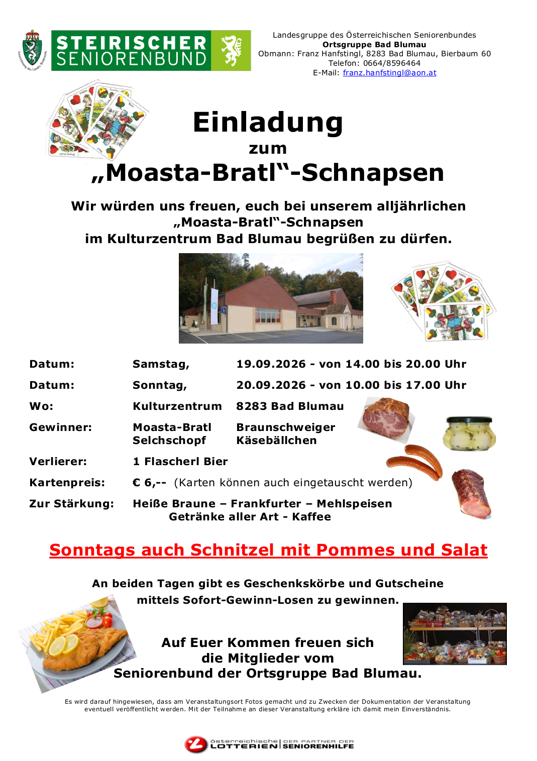 An invitation to the annual Moasta-Bratl Schnapps event at the Bad Blumau Cultural Center. Dates are Saturday, September 19, 2026, from 2 PM to 8 PM, and Sunday, September 20, 2026, from 10 AM to 5 PM. Tickets are 6 Euros, with refreshments and prizes available.