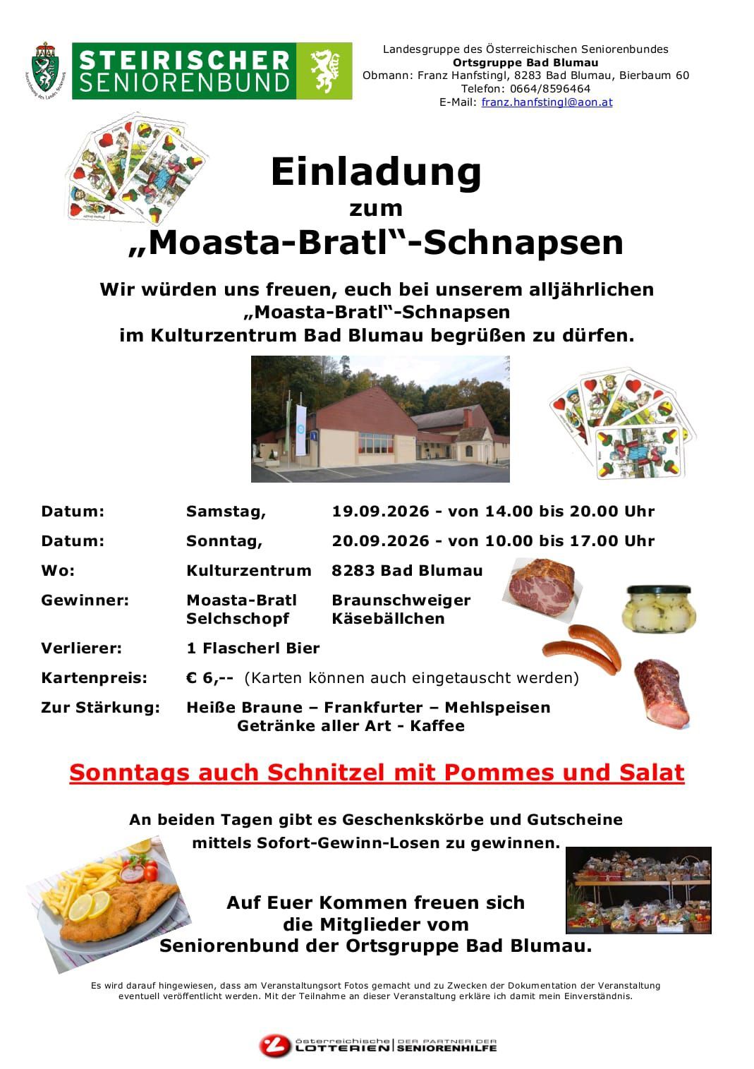 Einladung zum jährlichen Moasta-Bratl Schnapps im Kulturzentrum Bad Blumau. Die Einladung enthält ein Foto des Zentrums, einen Zeitplan für Samstag und Sonntag und Details zu den Angeboten der Veranstaltung.
