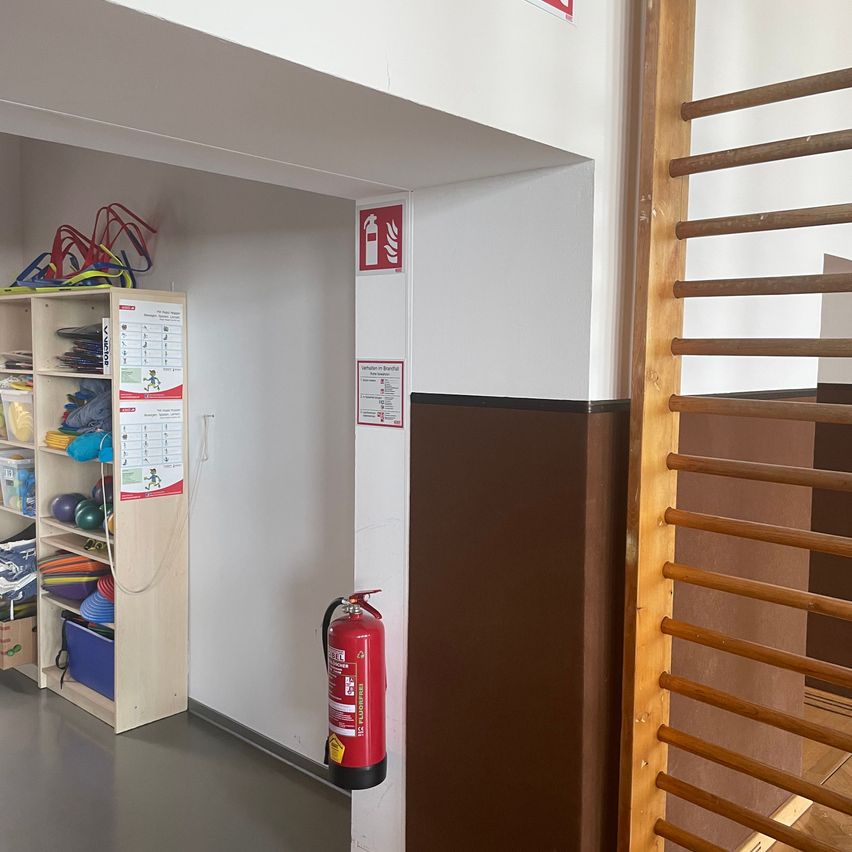 Ein Raum mit einem Feuerlöscher an der Wand, einem Regal mit verschiedenen Gegenständen und einer Holztür.