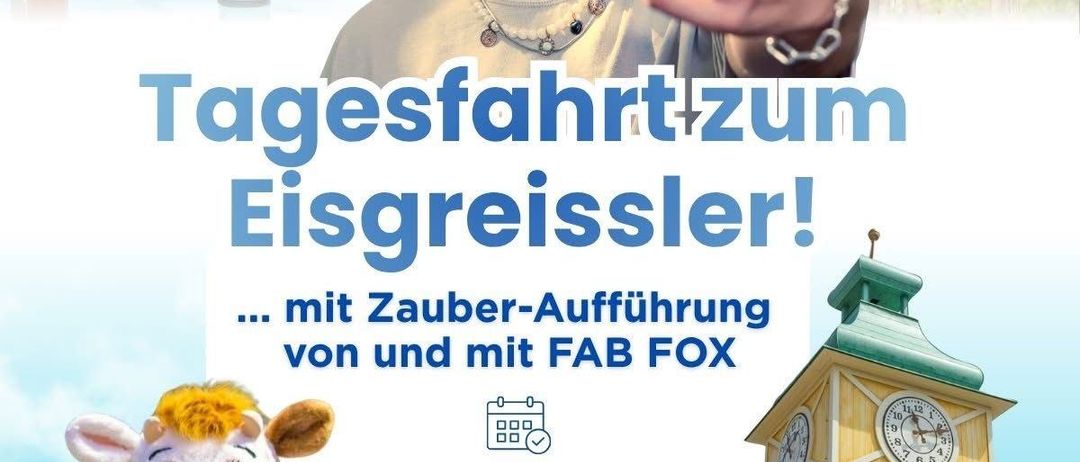 Ein Werbeposter für einen Tagesausflug zum Eisgeißler mit einem lächelnden Mann, einem Kuh-Maskottchen und verschiedenen Attraktionen im Vergnügungspark. Das Datum ist Samstag, 5. September 2026.