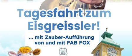 Ein Werbeposter für einen Tagesausflug zum Eisgeißler mit einem lächelnden Mann, einem Kuh-Maskottchen und verschiedenen Attraktionen im Vergnügungspark. Das Datum ist Samstag, 5. September 2026.