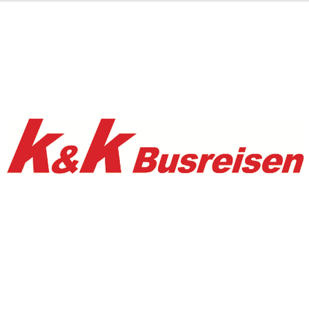 Das Bild zeigt das Logo von K&K Busreisen, mit dem Text 'K&K Busreisen' in Rot auf weißem Hintergrund.