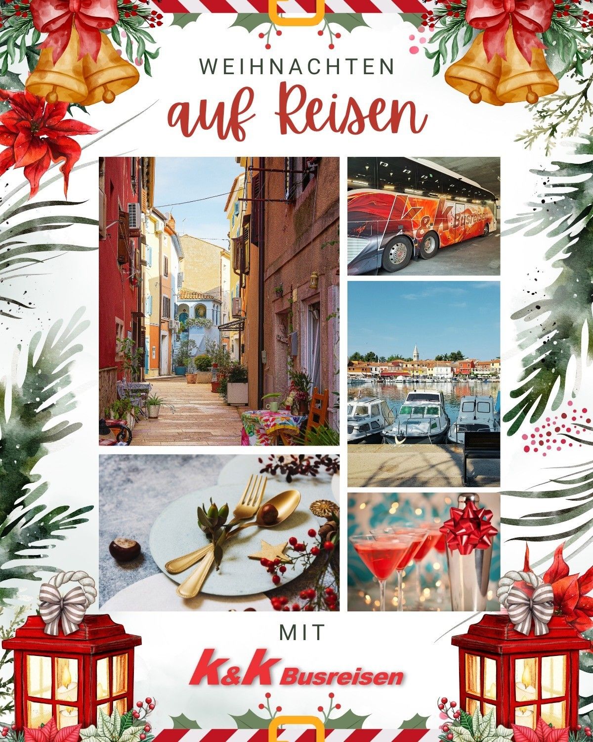 Eine Collage von Reisebildern mit einer Straße, einem Bus, einem Hafen, einem dekorierten Tisch und festlichen Getränken. Laternen und rote Blumen schmücken die Ränder.