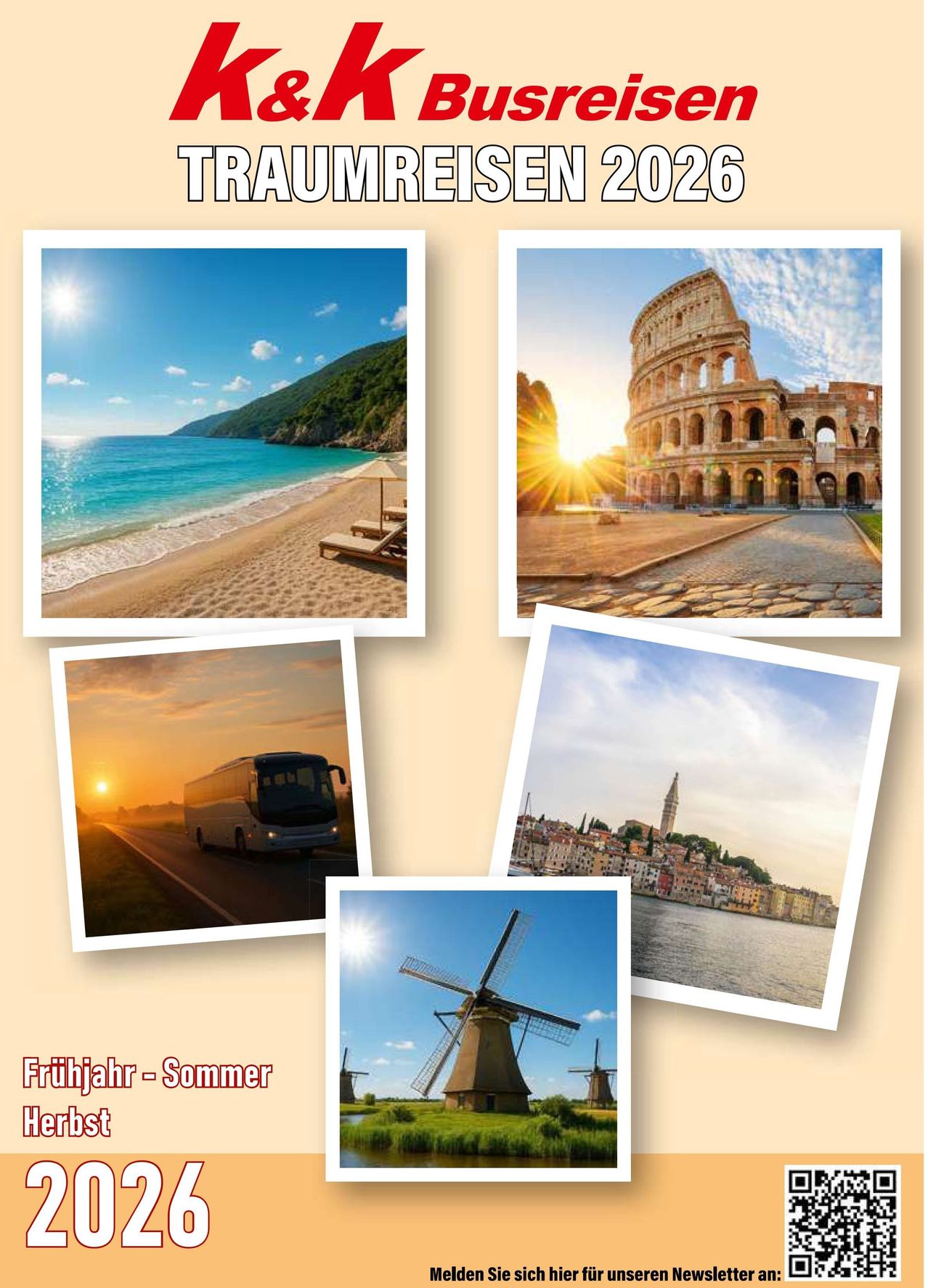 Eine Collage von Reisezielen vom Frühjahr bis Sommer 2020. Es zeigt einen Strand, das Kolosseum, einen Bus und eine Windmühle.