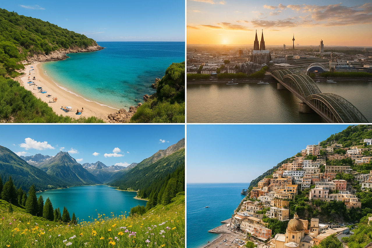 Eine Collage aus vier Landschaften: ein ruhiger Strand, eine Stadtsilhouette, ein ruhiger See und eine Küstenstadt.