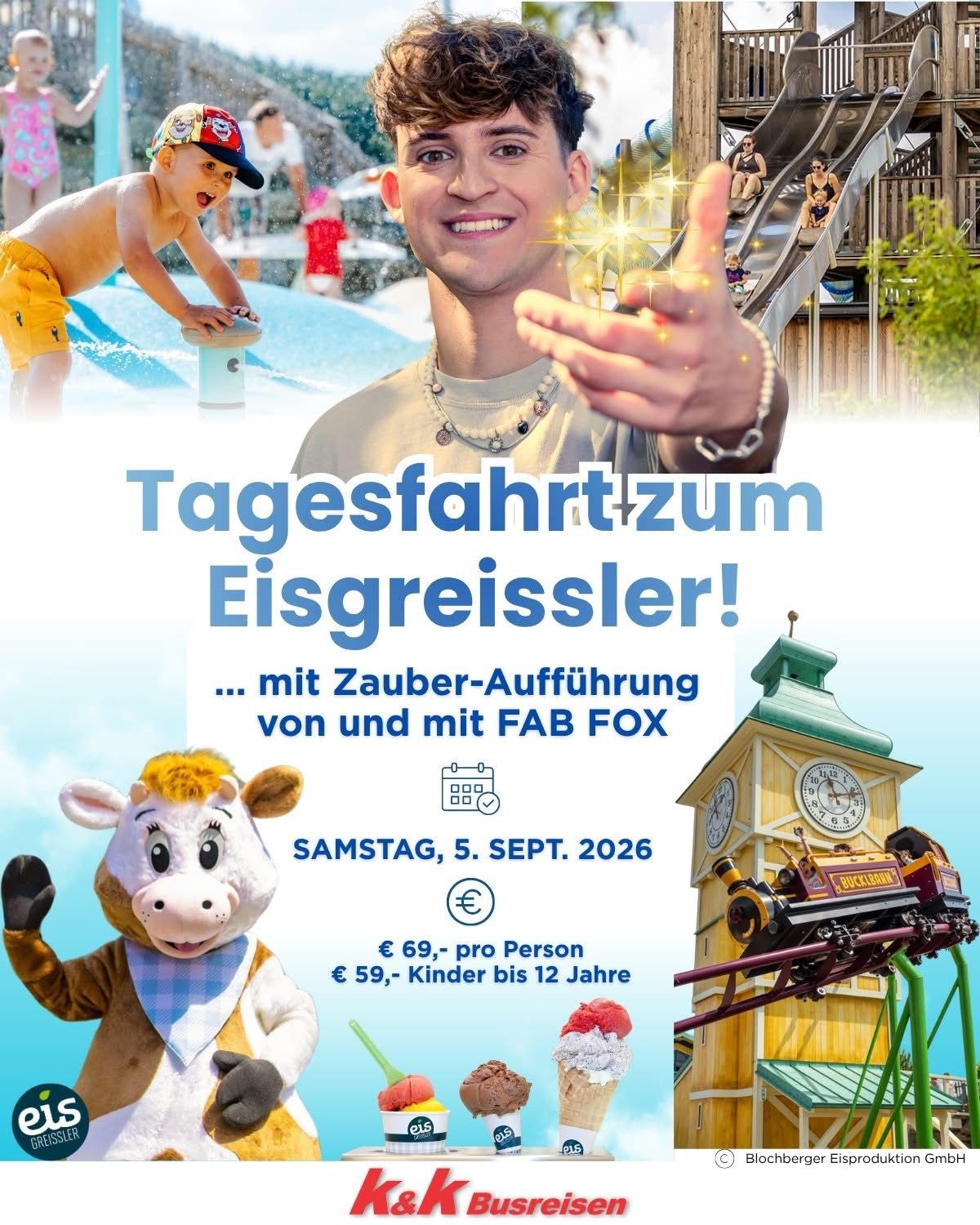 Plakat für eine Tagesfahrt zum Eisgeißler mit einem lächelnden Mann, einer Kuh-Maskottchen und einer Achterbahn. Das Datum ist Samstag, 5. September 2026.