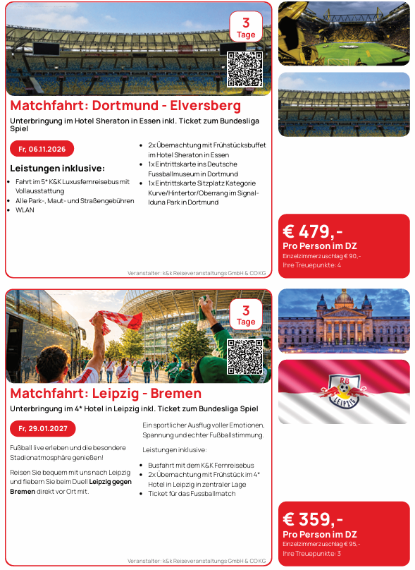 An advertisement for a football match trip to Dortmund and Leipzig, featuring two different match dates, hotel accommodations, and inclusions such as tickets, transportation, and museum entries.