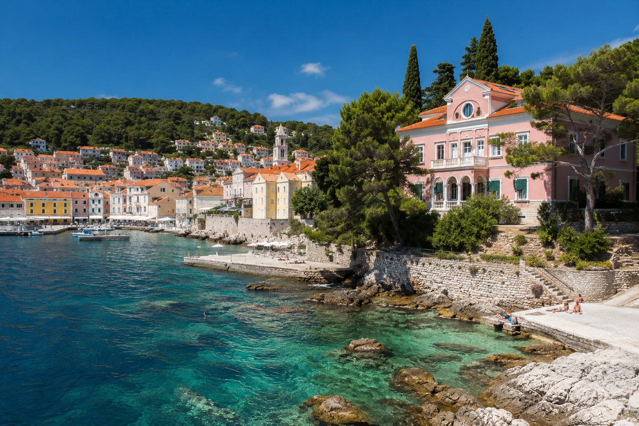 A coastal town with colorful buildings, clear blue water, and a mountain in the background.