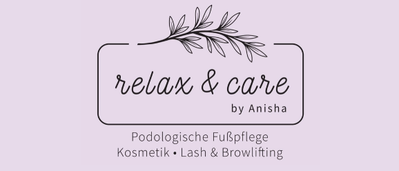 Entspannung und Pflege von Anisha. Logo mit Zweigdesign mit Text auf rosa Hintergrund. Dienstleistungen umfassen podologische Pflege, Kosmetik, Wimpern und Augenbrauenlifting.