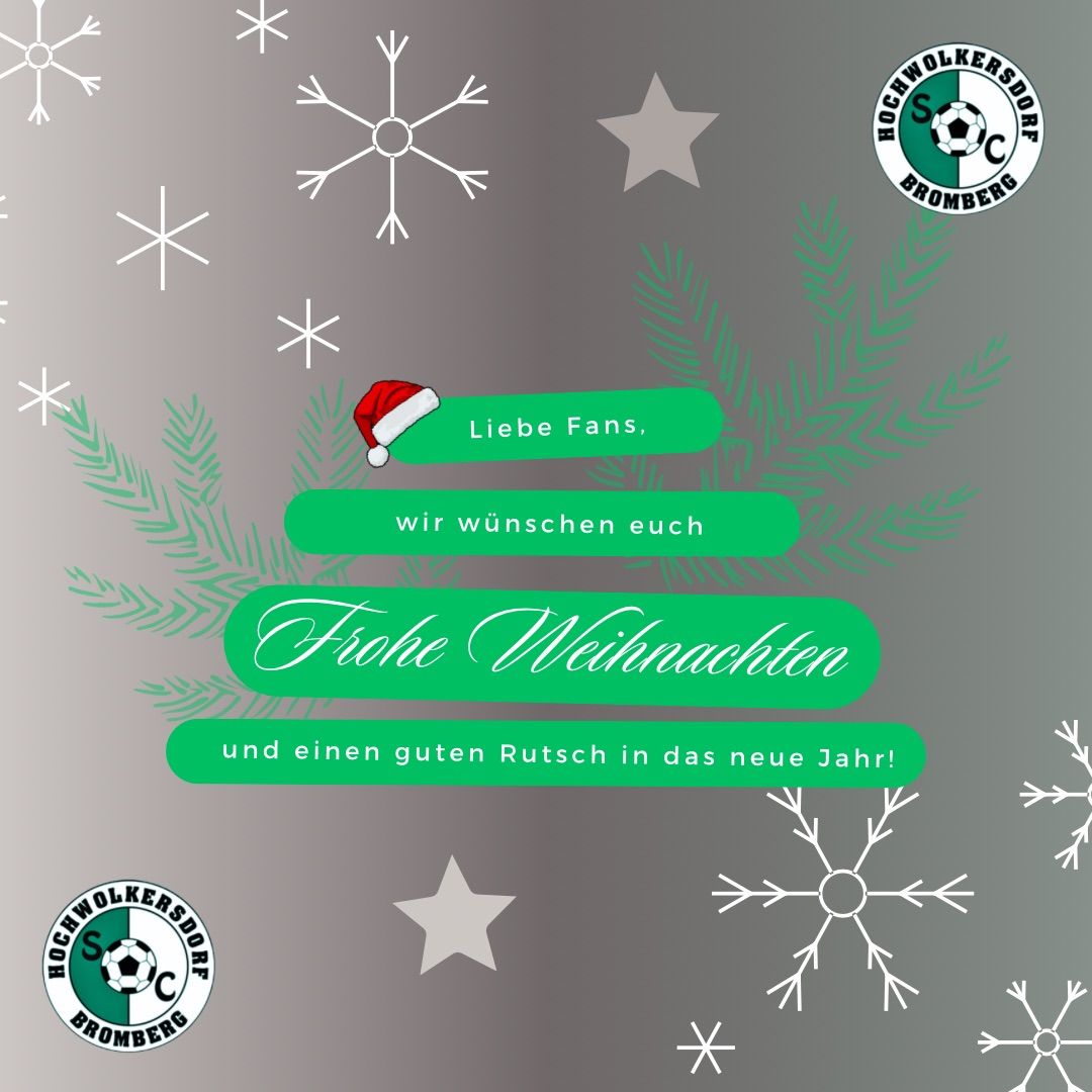 Weihnachtsgruß vom Bromberg-Fußballverein. Schneeflocken und Sterne umgeben den Text. Es steht: 'Liebe Fans, wir wuenschen euch Frohe Weihnachten und einen guten Rutsch in das neue Jahr!' in Grün. Das Vereinslogo befindet sich unten links und rechts.