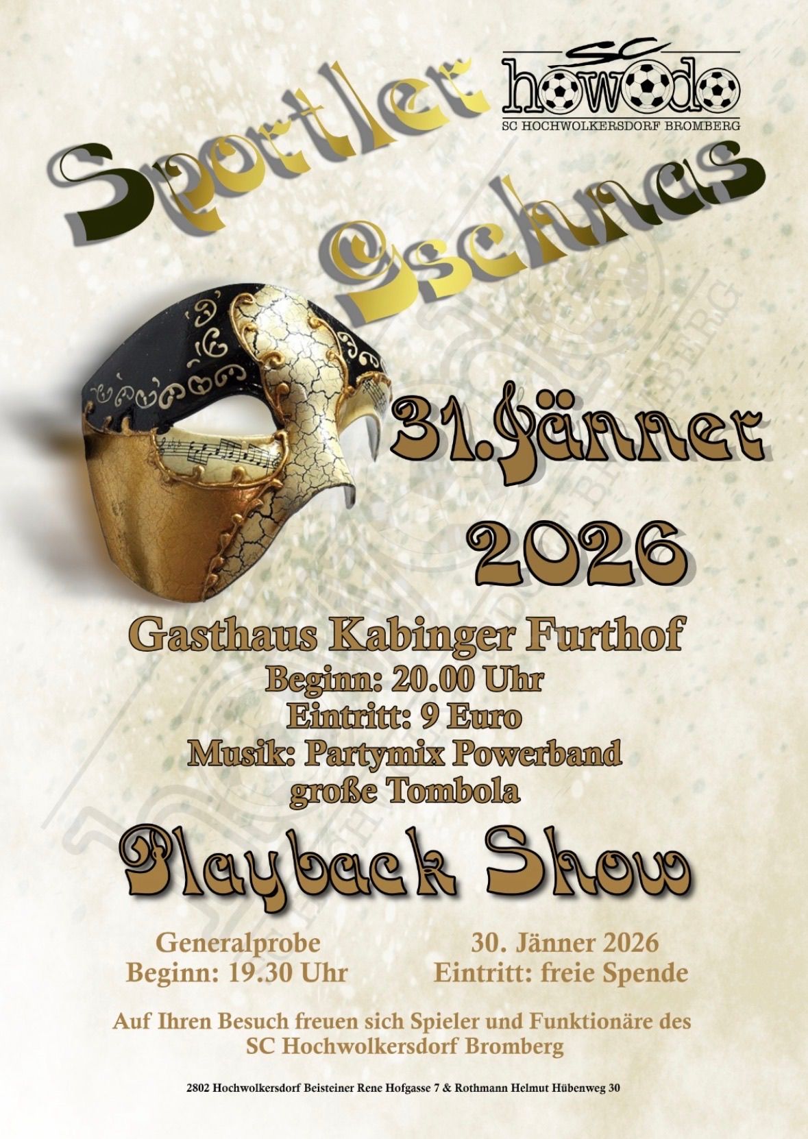Veranstaltungsplakat für Playback Show am 31. Januar 2026 mit einer goldenen Maske und Musik von Partymix Powerband. Austragungsort Gasthaus Kabinger Furthof, Beginn 20:00 Uhr, Eintritt 9 Euro, mit großer Tombola.