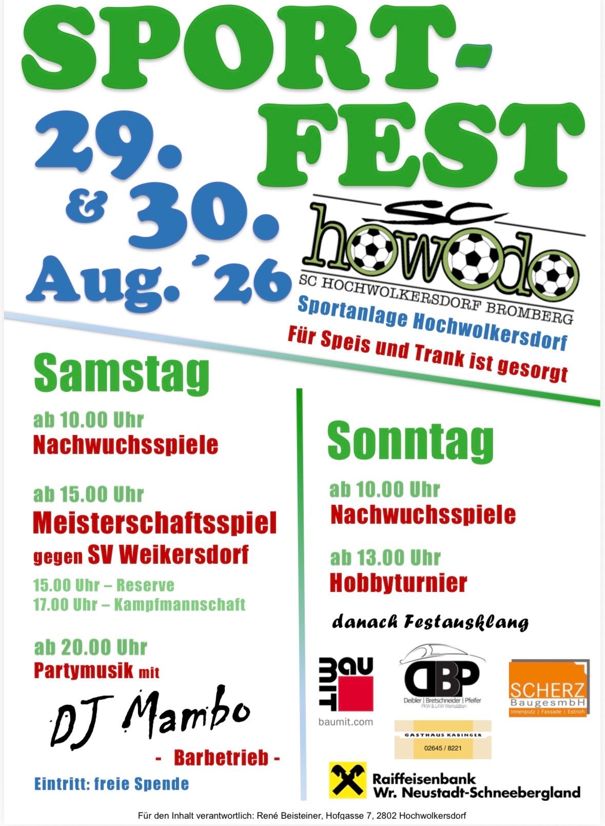 Plakat für das Fest-Event des SC Hochwolkersdorf Fußballvereins am 29. und 30. August. Details zu Spielzeiten und Aktivitäten.